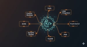 Professional graphic illustrating core HubSpot CMS expertise. A central gear icon connects to specialized skills: HubL, Custom Modules, CRM Integration, Dynamic Quotes, Front-End UI, HubDB, Jinja, and SCSS.