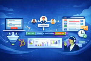 Infographic showing a scalable HubSpot CRM ecosystem, featuring lead capture funnels, workflow automation logic, and a conversion optimization dashboard.