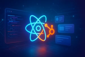 HubSpot + React development banner with glowing logos and code.