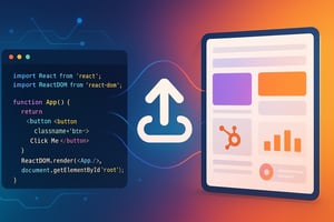 Code editor and HubSpot dashboard connected by an upload arrow, symbolizing React theme development and deployment within HubSpot CMS.