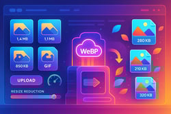 Vibrant digital interface of an online image compressor, showing various image formats (JPG, PNG, SVG, GIF) transforming into smaller, optimized WebP files. Features include a resize slider, upload buttons, and a speed meter, with the HubDev logo prominently displayed in the top left corner, symbolizing fast and easy image optimization.