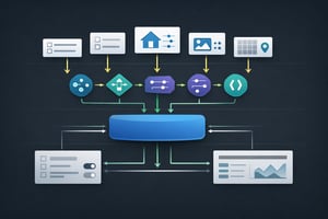 Diagram showing a centralized state driving multiple UI steps through derived logic layers