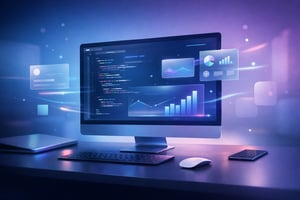 Futuristic web development setup with animated UI, React components, and data dashboards