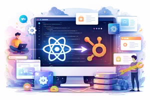 Modern illustration of React and HubSpot CMS integration with code editor, UI components, and developers building a dynamic web application system