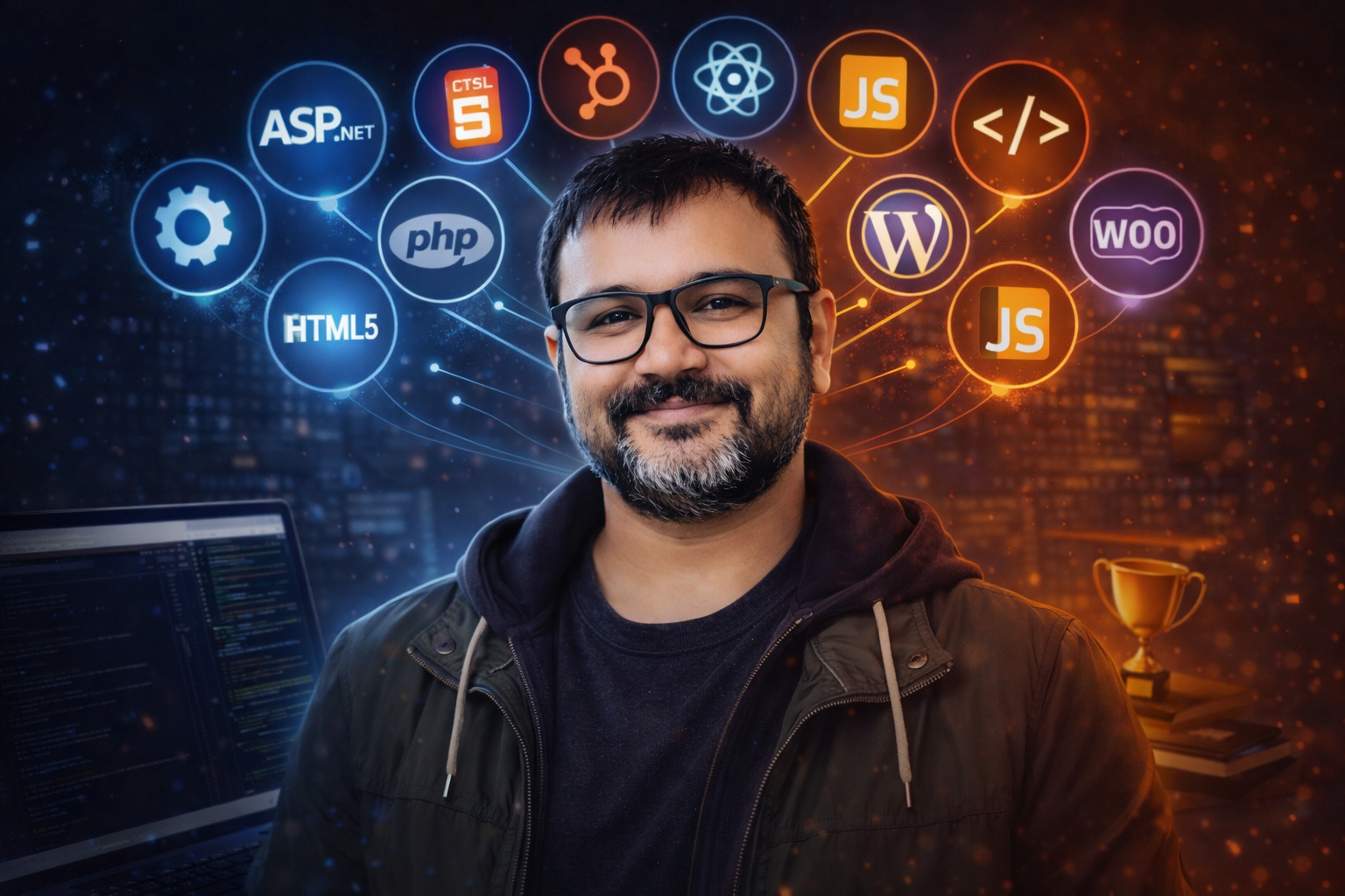 Web developer with tech icons and tools